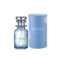 Osma Woody S Mango Leather 75ml EDP — A clear glass perfume bottle with a silver cap and blue floral accents, next to a light blue cylindrical box with the brand name and product details.