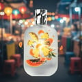 Pendora One Pendora Scents For Him – 100 ml for Men, a frosted glass bottle with a zebra-patterned cap, surrounded by floating fruit slices of pineapple, orange, and papaya, with a blurred night market background.