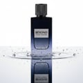 Paris Corner Beyond Pour Homme by Paris Corner 100ml EDP for Men — A rectangular dark blue glass perfume bottle with a textured black cap, standing in water with ripples and droplets.