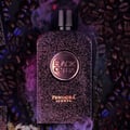 Paris Corner Black Optra by Paris Corner Pendora Scents – 100 ml Women, a glittery black bottle with a rose gold circular emblem, surrounded by coffee beans and purple smoke.