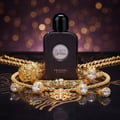 Paris Corner Black Optra by Paris Corner Pendora Scents – 100 ml Women, a black glittery perfume bottle surrounded by ornate gold jewelry and diamonds, with a bokeh background.