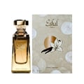 Paris Corner Eshal Vanilla by Paris Corner EDP 100ml — A tall, rectangular glass perfume bottle with golden liquid and a textured gold cap, placed next to its matching beige box featuring a vanilla flower illustration.