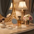 Paris Corner Eshal Vanilla by Paris Corner EDP 100ml — A golden perfume bottle sits on a lace doily, surrounded by makeup brushes, a compact, lipstick, and a bouquet of orchids and roses, with a vanity mirror and lamp in the background.