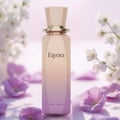 Paris Corner Fayora Paris Corner EDP 100ml Women — Botol minyak wangi tinggi berwarna merah jambu dan krim gradien dengan tulisan 'Fayora', dikelilingi bunga putih halus dan kelopak ungu lembut.