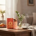 Paris Corner Khair Fusion by Paris Corner 100ml — Botol minyak wangi dan kotak merahnya terletak di atas meja kayu bersebelahan cawan kopi berasap, croissant, dan pasu kecil berisi tumbuhan hijau.