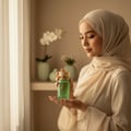 Paris Corner Khair Pistachio by Paris Corner 100ml EDP — Woman in a cream hijab holding a green perfume bottle with a gold cap, with orchids in the background.