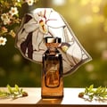 Paris Corner Eshal Vanilla EDP 100ml — Amber glass perfume bottle with gold cap, set against a floral fabric backdrop and green foliage.