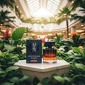 Paris Corner Night of the Man by Pendora Scents Paris 100ml — Botol minyak wangi kaca gelap dan kotak dipamerkan di atas alas marmar dikelilingi tumbuhan hijau subur dan dedaunan tropika, dengan latar belakang atrium terang disinari matahari.