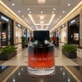 Paris Corner Night of the Man by Pendora Scents Paris 100ml — Botol minyak wangi kaca merah gradien dan hitam dengan penutup hitam, diletakkan di atas permukaan gelap yang memantul di koridor pusat membeli-belah yang terang.