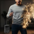 Paris Corner Dream Catcher by Paris Corner Pendora 100ml EDP — Man in grey sweatshirt and jeans looking surprised as a bottle of Dream Catcher perfume emerges from smoke, with its box on the floor.