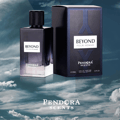Paris Corner Beyond Pour Homme by Paris Corner 100ml EDP for Men — A rectangular gradient purple glass perfume bottle with a textured black cap stands next to its matching dark blue box, set against a cloudy sky background.