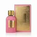 Paris Corner Qissa Pink by Paris Corner 100ml for Women — Pink fluted perfume bottle with gold cap and gold label, next to a pink box with gold leaf pattern and "Qissa Pink" text.