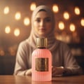 Paris Corner Qissa Pink by Paris Corner 100ml for Women — Pink fluted bottle with gold cap and label, blurred woman in hijab in background with bokeh lights.