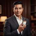 Paris Corner Rich Santal Emir by Paris Corner 100 ml — Man in a suit holding a bottle of perfume, with a bookshelf and lamp in the background.