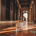Paris Corner Rich Santal Emir by Paris Corner — Clear glass perfume bottle with gold cap and white label, placed on a tiled floor with sunlight casting shadows.