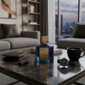 Paris Corner Satin Luxe oleh Paris Corner Pendora Scents 100 ml — Botol minyak wangi biru bersegi dengan penutup emas di atas meja marmar, bersebelahan dompet, kunci kereta, jam tangan, dan cawan kopi, dengan latar belakang ruang tamu dan pemandangan bandar.