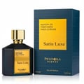Paris Corner Satin Luxe by Paris Corner Pendora Scents 100 ml — Botol minyak wangi hitam bersegi dengan penutup emas dan label emas, bersebelahan kotak biru gelap bertekstur dengan panel kuning.