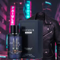 Paris Corner Saviour Elixir EDP 100 ml — A dark blue perfume bottle with a city skyline and twin towers, next to its matching dark blue box, with a black leather jacket and neon city lights in the background.