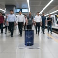 Paris Corner Saviour Elixir by Paris Corner EDP 100 ml — A blue perfume bottle with black cap sits on a clear display stand on a train platform, with blurred commuters walking in the background.
