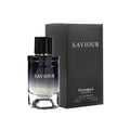 Paris Corner Saviour by Paris Corner Pendora 100ml Lelaki — Botol minyak wangi kaca gelap bertutup hitam, tertulis 'SAVIOUR' dan 'PENDORA SCENTS', berdiri bersebelahan kotak hitam berjalur.