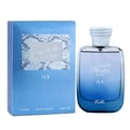 Rasasi Rasasi Hawas Ice 100ml Eau de Parfum for Men — Kotak biru dengan corak ular perak dan botol minyak wangi kaca biru gradien dengan penutup putih.