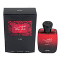 Rasasi Rasasi Hawas Fire 100ml Eau de Parfum for Men — Kotak hitam bertekstur dengan label corak ular merah dan botol kaca gradien merah bertutup hitam bertekstur, dipaparkan bersama.