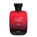 Rasasi Rasasi Hawas Fire 100ml Eau de Parfum for Men — Botol kaca gradien merah dengan penutup bertekstur hitam, tulisan putih 'HAWAS For Him FIRE' dan tulisan Arab.
