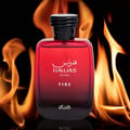 Rasasi Rasasi Hawas Fire 100ml Eau de Parfum for Men — Botol kaca gradien merah dengan penutup bertekstur hitam, berlatar belakang api jingga yang terang.