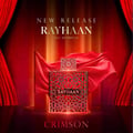 Rayhaan Rayhaan Crimson for Men 100ml — Red ornate bottle with geometric patterns, draped in red silk fabric, with red curtains on the sides.