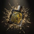 Rayhaan Rayhaan Lion Powerful for Man 100ml — Black perfume bottle with a golden lion emblem, surrounded by shattering glass shards against a dark background.