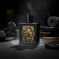 Rayhaan Rayhaan Lion Powerful for Man 100ml — Black perfume bottle with a gold lion emblem, surrounded by gym equipment and smoke.