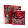Rayhaan Crimson for Men 100ml — Red geometric patterned perfume bottle and box with intricate cutouts, featuring the brand name 'RAYHAAN' prominently on the bottle.