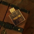 Rayhaan Rayhaan Elixir 100ml Eau de Parfum for Men — A gold-embossed perfume bottle with intricate geometric patterns and the name 'RAYHAAN' visible, resting on a vintage brown leather trunk with dark green trim and brass hardware.