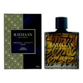 Rayhaan Imperia Collection 100ml untuk Lelaki — Botol minyak wangi berisi cecair perang gelap dengan rekaan kaligrafi emas yang rumit, bersebelahan kotak biru gelapnya dengan corak geometri emas.