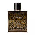 Rayhaan Imperia Collection 100ml untuk Lelaki — Botol minyak wangi kaca segi empat dengan penutup hitam, menampilkan rekaan kaligrafi Arab dan teks 'IMPERIA POUR HOMME RAYHAAN'.