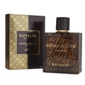 Rayhaan Imperia Intense Eau de Parfum untuk Lelaki — Botol minyak wangi kaca gelap berhias kaligrafi Arab emas dan penutup hitam, bersebelahan kotak corak hitam dan emasnya.