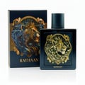 Rayhaan Rayhaan Lion Powerful for Man 100ml — A dark blue perfume box and bottle featuring a detailed gold lion emblem, set against a white background with reflections.