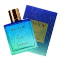 Rayhaan Pacific Elegant EDP 100 ml Men — Botol minyak wangi kaca gradien biru dan hijau dengan penutup emas, corak ombak timbul, bersebelahan kotak biru dan emasnya.