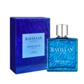 Rayhaan Fresh Wave Eau de Parfum — Botol minyak wangi biru dan kotak biru sepadan corak ombak, penutup perak.