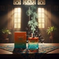 Rayhaan Rayhaan Tropical Vibe 100ml Eau de Parfum — A perfume bottle and its box on a patterned cloth, with green smoke rising from the bottle and shattered glass fragments around it, set against a background of sunlit windows.