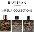 Rayhaan Imperia Collection 100ml untuk Lelaki — Tiga botol minyak wangi kaca berbentuk segi empat dengan corak kaligrafi Arab berwarna coklat dan hitam yang indah, disusun bersebelahan.
