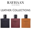 Rayhaan Leather Collection 100ml EDP – Corium, Dark Leather, Cordova - Kotak bertekstur maroon dan botol minyak wangi bertekstur kulit maroon sepadan dengan penutup hitam, dipamerkan bersebelahan di atas latar belakang putih.