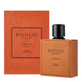 Rayhaan Corium oleh Rayhaan 100ml EDP — Kotak oren bertekstur dan botol balutan kulit dengan penutup hitam, dipaparkan bersebelahan di latar belakang putih.