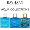 Koleksi Aqua Rayhaan — Tiga botol minyak wangi kaca biru dari Koleksi Aqua Rayhaan, menampilkan haruman 'Ocean Rush', 'Fresh Wave', dan 'Pacific' untuk lelaki.