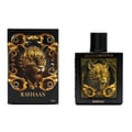 Rayhaan Tiger Cal Cologne by Rayhaan 100ml EDP Men — Kotak dan botol minyak wangi hitam dengan rekaan harimau emas timbul, perincian emas berhias, dan penutup hitam.