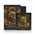Rayhaan Tiger Cal Cologne oleh Rayhaan 100ml EDP Lelaki — Kotak dan botol hitam dengan lambang harimau emas dan ukiran skrol emas yang indah, teks "CAL COLOGNE EDITION" pada botol.