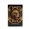 Rayhaan Tiger Cal Cologne — Kotak hitam dengan ukiran kepala harimau emas terperinci dan ukiran bergelombang. Teks "RAYHAAN" dan "100ml" kelihatan.