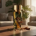 Rue Broca Exotic Heritage by Rue Broca 100ml EDP Men — A cracked glass perfume bottle with gold cap, spilling cinnamon sticks and cardamom pods onto a wooden table.