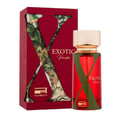 Rue Broca Exotic Paradise by Rue Broca 100ml EDP Women — Botol minyak wangi merah dengan rekaan 'X' hijau dan penutup emas, bersebelahan kotak merah dengan potongan 'X' menampakkan tumbuhan tropika.