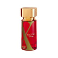 Rue Broca Exotic Paradise by Rue Broca 100ml EDP Women — Botol minyak wangi kaca merah dengan penutup emas dan rekaan 'X' hijau.